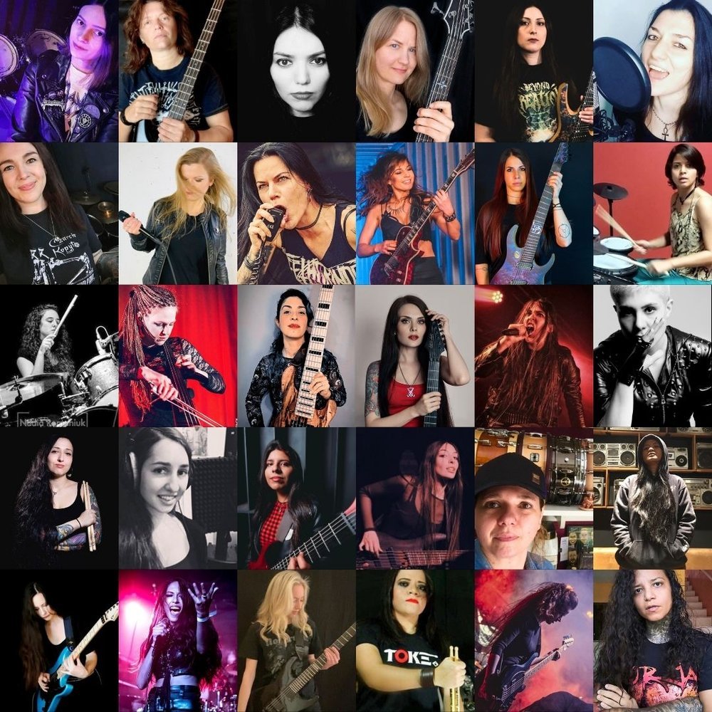 Mosaïque de plus de 60 musiciennes du collectif metal international Chaos Rising